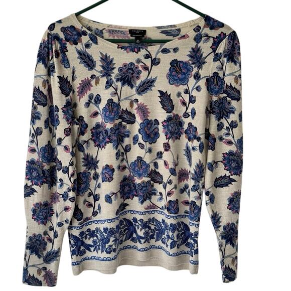 Talbots Women’s MP Puff Sleeve Merino Wool Pullover Floral Print Crewneck Soft - Picture 2 of 9